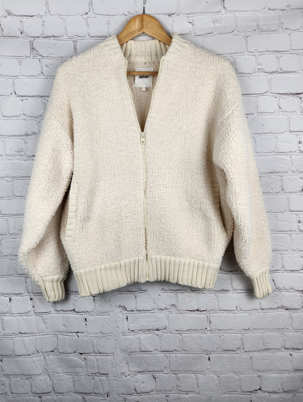 aerie Cream Bouclé Zip-Up Jacket
